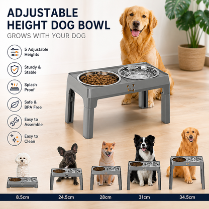 Grey Adjustable Elevated Dog Bowl Stand with Stainless Steel Double Bowls, Foldable Raised Pet Feeding Station for Medium & Large Dogs, Anti-Slip Height Adjustable Food and Water Feeder