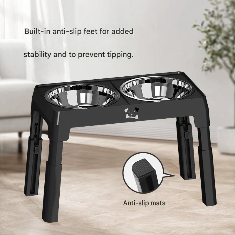Grey Adjustable Elevated Dog Bowl Stand with Stainless Steel Double Bowls, Foldable Raised Pet Feeding Station for Medium & Large Dogs, Anti-Slip Height Adjustable Food and Water Feeder