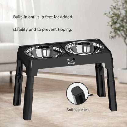 Grey Adjustable Elevated Dog Bowl Stand with Stainless Steel Double Bowls, Foldable Raised Pet Feeding Station for Medium & Large Dogs, Anti-Slip Height Adjustable Food and Water Feeder