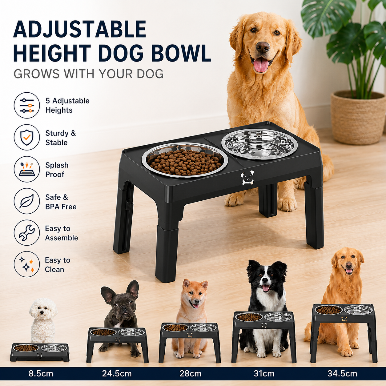 Black Adjustable Elevated Dog Bowl Stand with Stainless Steel Double Bowls, Foldable Raised Pet Feeding Station for Medium & Large Dogs, Anti-Slip Height Adjustable Food and Water Feeder
