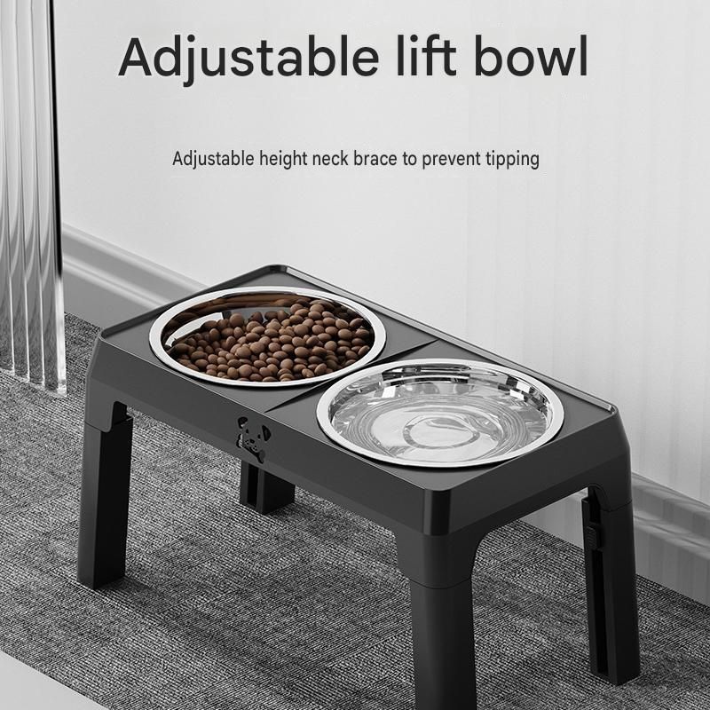 Black Adjustable Elevated Dog Bowl Stand with Stainless Steel Double Bowls, Foldable Raised Pet Feeding Station for Medium & Large Dogs, Anti-Slip Height Adjustable Food and Water Feeder