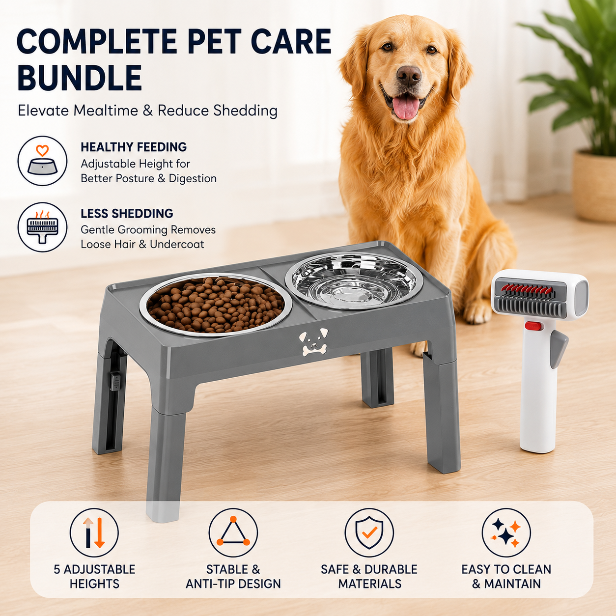 Pet Care Bundle Set â€“ Grey Adjustable Elevated Double Dog Bowl & White and Grey 2-in-1 Self-Cleaning Pet Grooming Comb, Stainless Steel Feeding Station and Deshedding Brush for Dogs & Cats