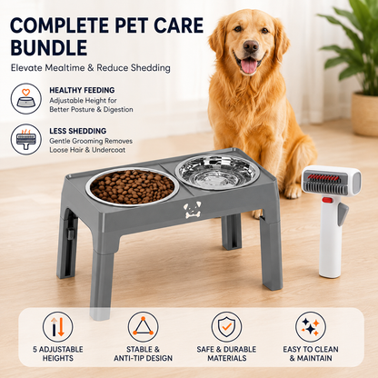 Pet Care Bundle Set â€“ Grey Adjustable Elevated Double Dog Bowl & White and Grey 2-in-1 Self-Cleaning Pet Grooming Comb, Stainless Steel Feeding Station and Deshedding Brush for Dogs & Cats