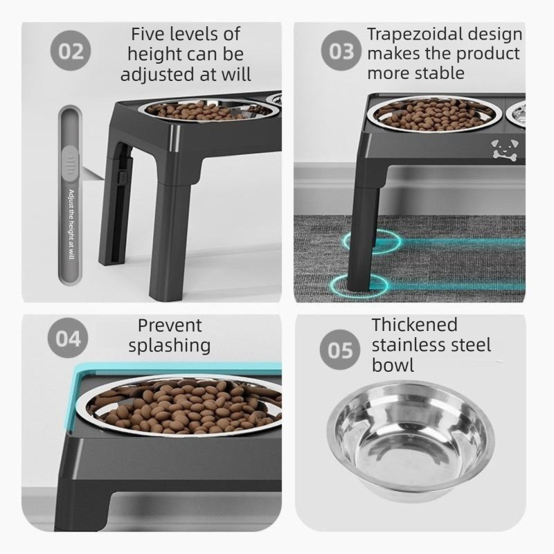 Pet Care Bundle Set â€“ Grey Adjustable Elevated Double Dog Bowl & White and Grey 2-in-1 Self-Cleaning Pet Grooming Comb, Stainless Steel Feeding Station and Deshedding Brush for Dogs & Cats