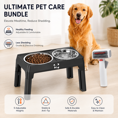 Pet Care Bundle Set â€“ Black Adjustable Elevated Double Dog Bowl & White and Grey 2-in-1 Self-Cleaning Pet Grooming Comb, Stainless Steel Feeding Station and Deshedding Brush for Dogs & Cats