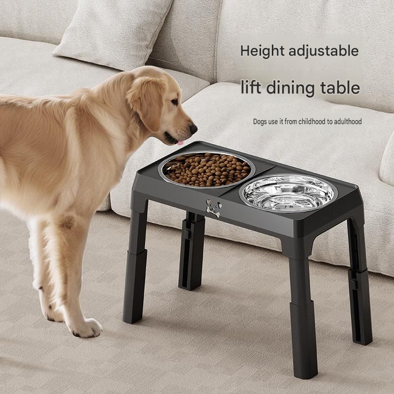 Pet Care Bundle Set â€“ Black Adjustable Elevated Double Dog Bowl & White and Grey 2-in-1 Self-Cleaning Pet Grooming Comb, Stainless Steel Feeding Station and Deshedding Brush for Dogs & Cats