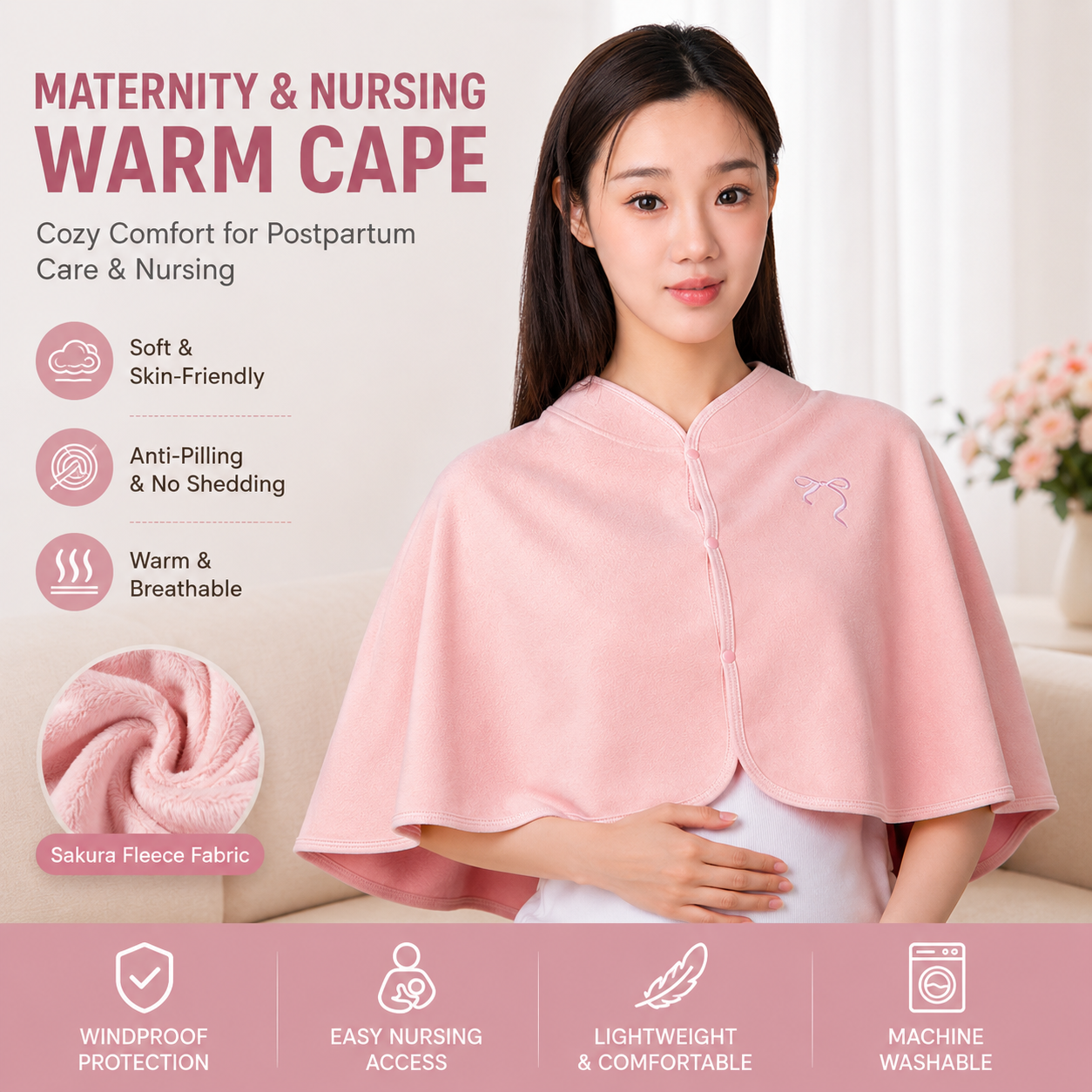 Pink Maternity Nursing Shoulder Wrap Cape â€“ Ultra Soft Sakura Fleece Postpartum Shawl, Windproof Warm Nursing Cover for Breastfeeding, Pregnancy & Winter Comfort