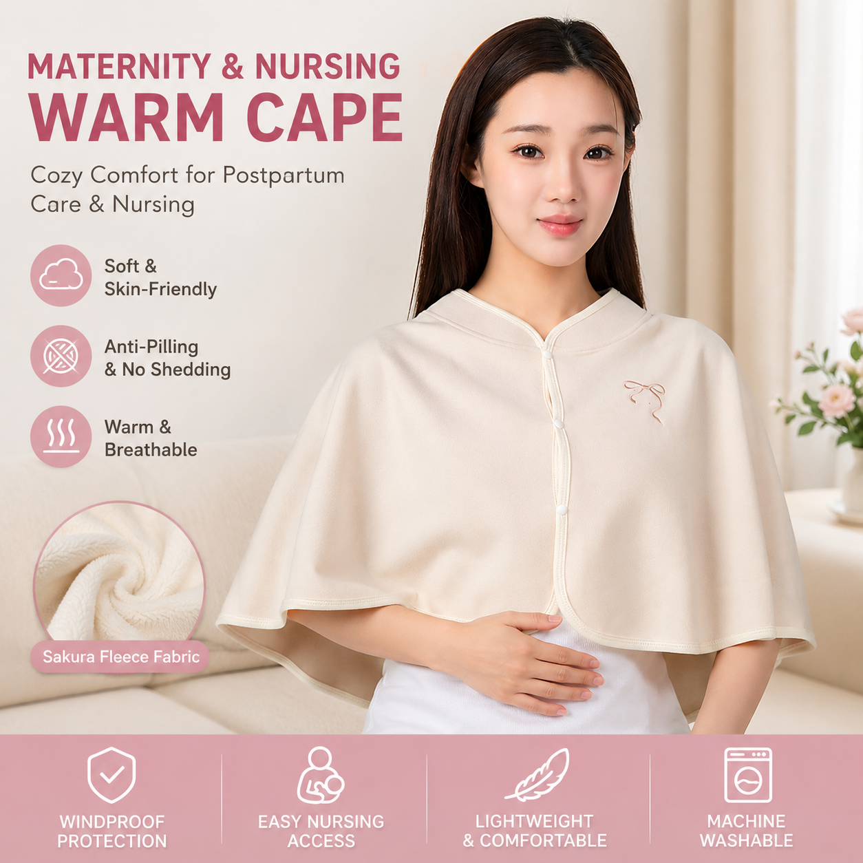 Beige Maternity Nursing Shoulder Wrap Cape â€“ Ultra Soft Sakura Fleece Postpartum Shawl, Windproof Warm Nursing Cover for Breastfeeding, Pregnancy & Winter Comfort