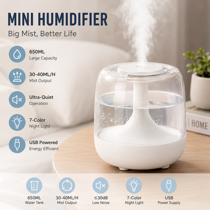 White 650ML USB Mini Humidifier with Aromatherapy Function, Cool Mist Air Humidifier for Bedroom, Home Office, Quiet Large Mist Output Diffuser with Night Light