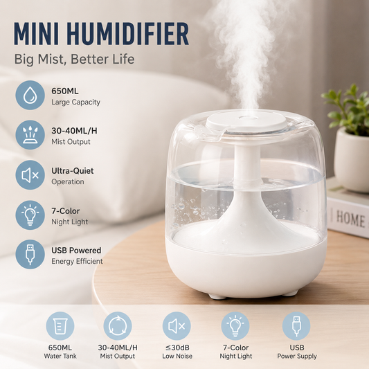 White 650ML USB Mini Humidifier with Aromatherapy Function, Cool Mist Air Humidifier for Bedroom, Home Office, Quiet Large Mist Output Diffuser with Night Light