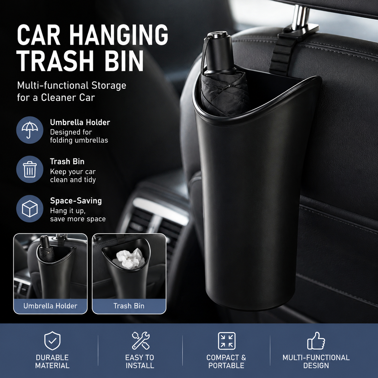 Car Umbrella Storage Bucketâ€”a hanging storage container that is convenient to use; suitable for seatbacks or car doors, it is compact, practical, and doubles as a trash bin.