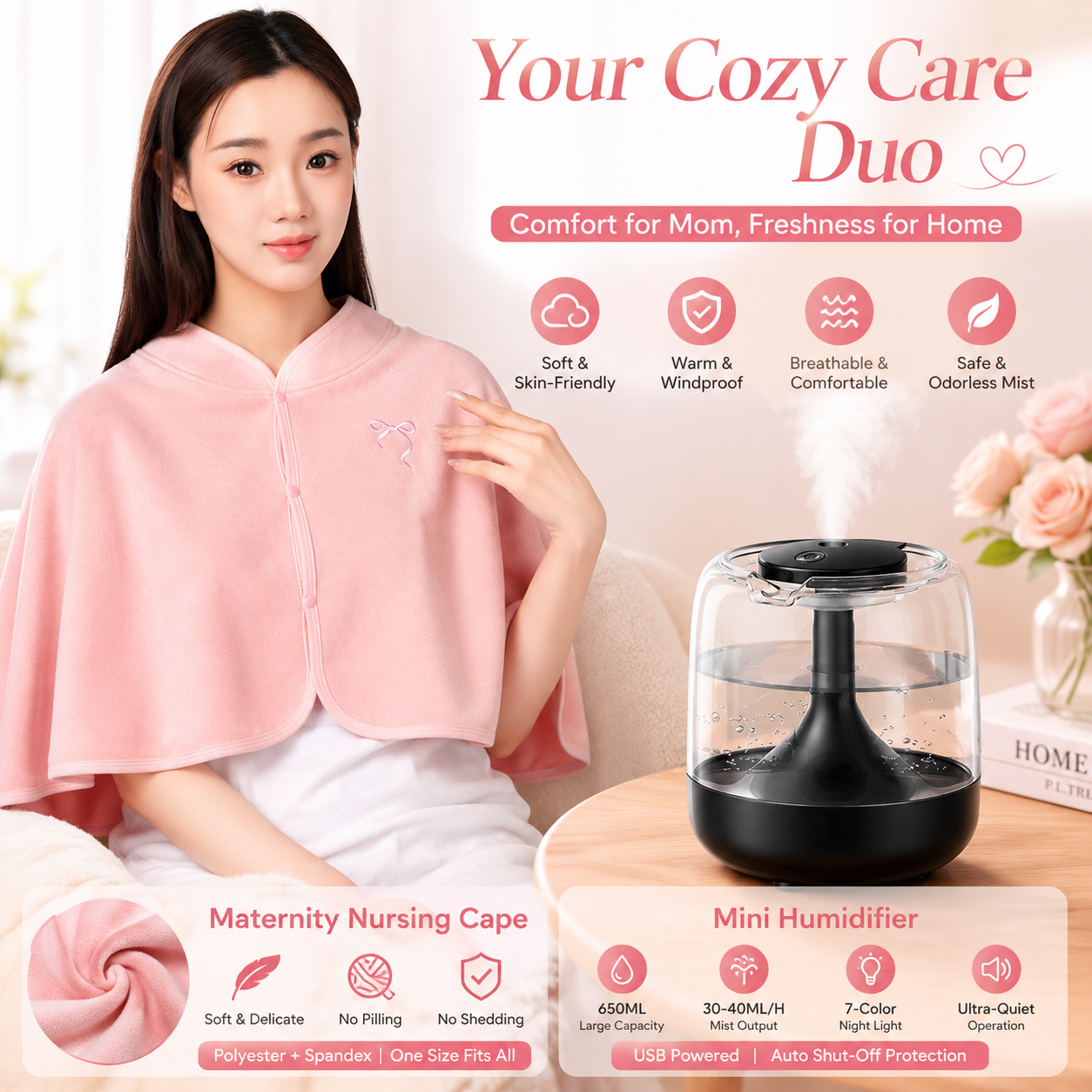 2 pcs Relaxing Winter Set - Pink  Nursing Cape and Black Mini Humidifier Soothing â€“ Soft Postpartum Shawl & 650ml USB Air Humidifier for Home Comfortï¼ŒRelax Self Care Present for Women