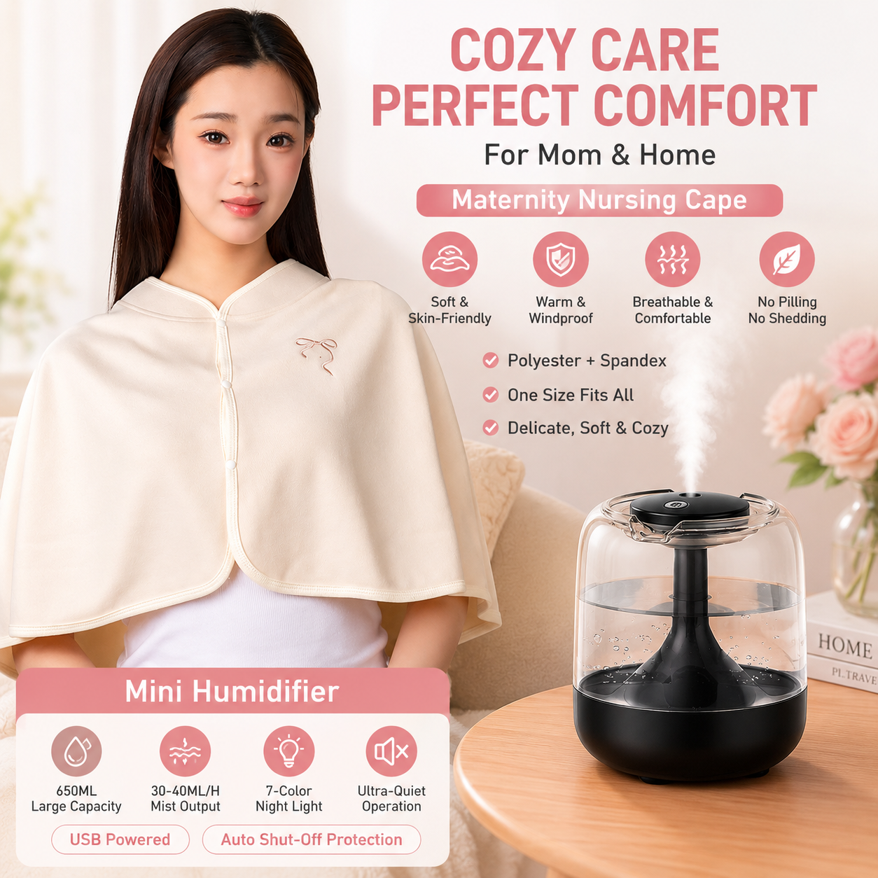 2 pcs Relaxing Winter Set - Beige Nursing Cape and Black Mini Humidifier Soothing â€“ Soft Postpartum Shawl & 650ml USB Air Humidifier for Home Comfortï¼ŒRelax Self Care Present for Women