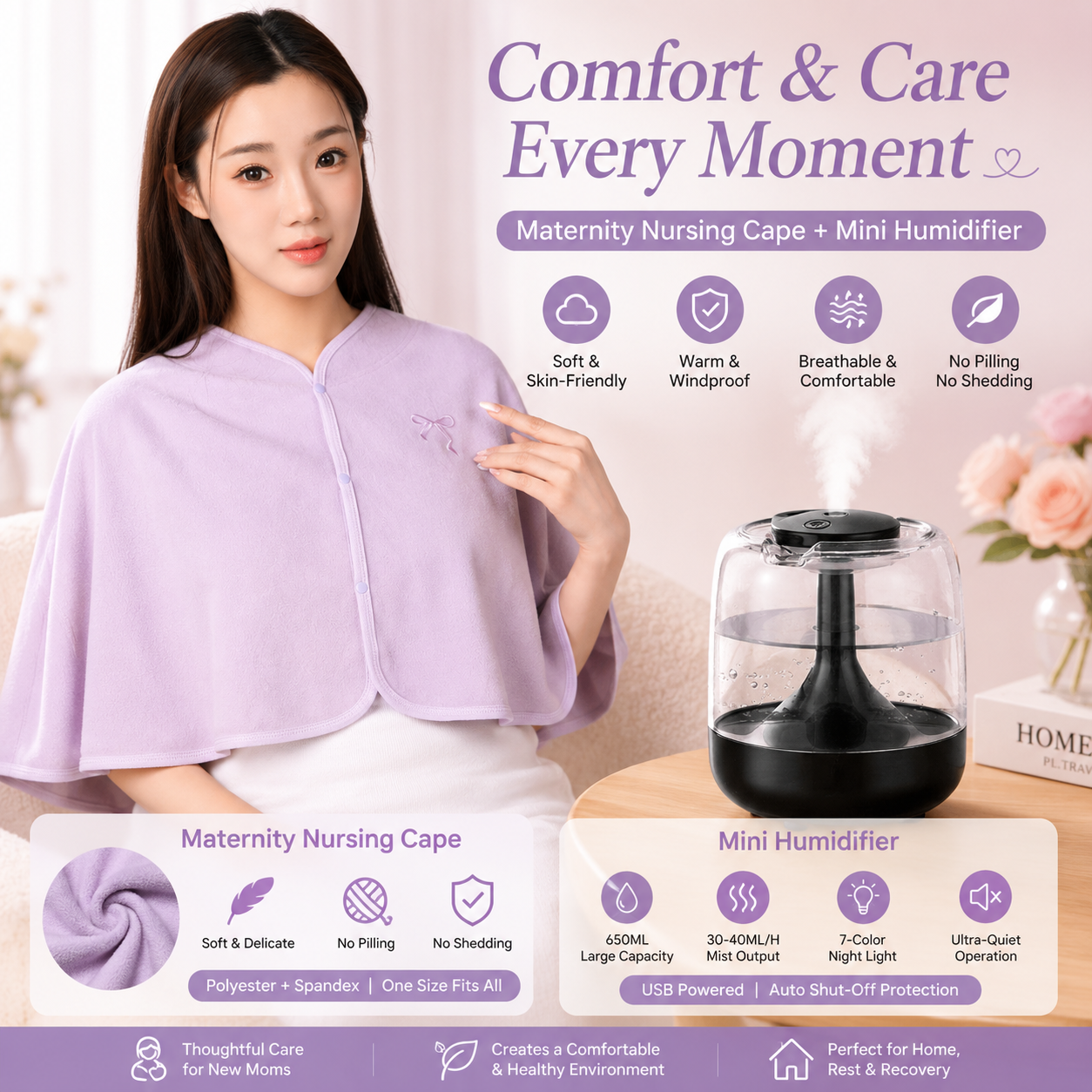 2 pcs Relaxing Winter Set - Purple Nursing Cape and Black Mini Humidifier Soothing â€“ Soft Postpartum Shawl & 650ml USB Air Humidifier for Home Comfortï¼ŒRelax Self Care Present for Women