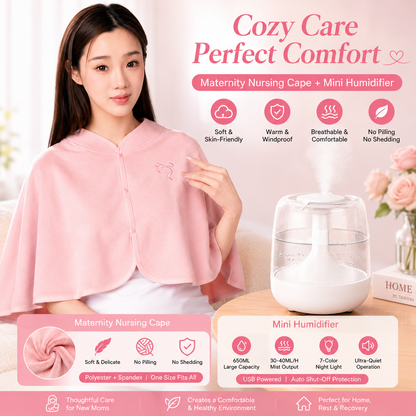 2 pcs Relaxing Winter Set - Pink  Nursing Cape and White Mini Humidifier Soothing â€“ Soft Postpartum Shawl & 650ml USB Air Humidifier for Home Comfortï¼ŒRelax Self Care Present for Women
