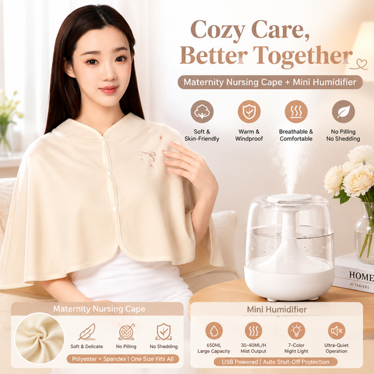 2 pcs Relaxing Winter Set - Beige Nursing Cape and White Mini Humidifier Soothing â€“ Soft Postpartum Shawl & 650ml USB Air Humidifier for Home Comfortï¼ŒRelax Self Care Present for Women