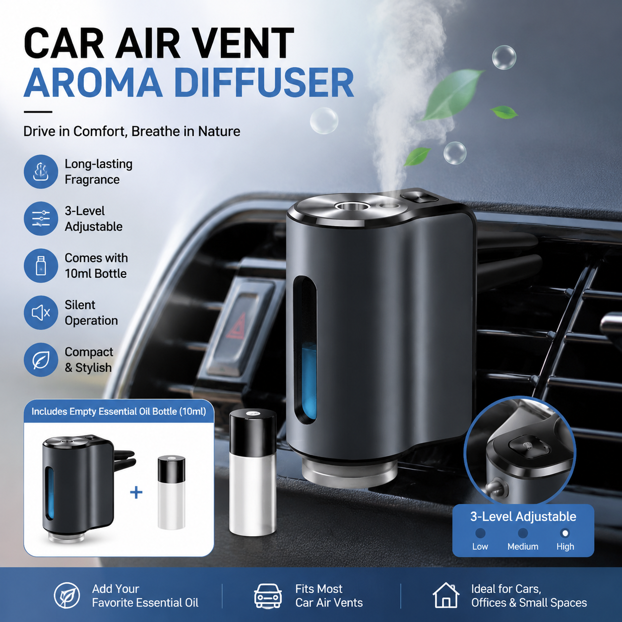 Grey Car Vent Air Freshener Diffuser (Includes a 10ml empty essential oil bottle) 3-Speed Adjustable Aroma Atomiser â€“ Compact Aluminum Alloy USB Essential Oil Car Fragrance Clip