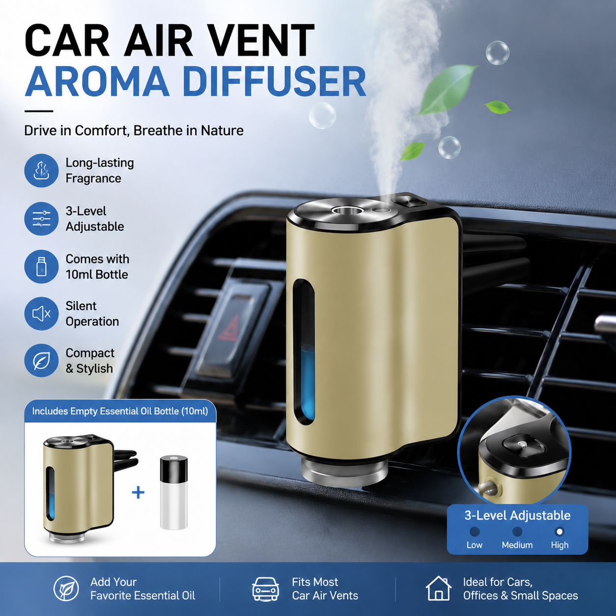 Golden Car Vent Air Freshener Diffuser (Includes a 10ml empty essential oil bottle) 3-Speed Adjustable Aroma Atomiser â€“ Compact Aluminum Alloy USB Essential Oil Car Fragrance Clip