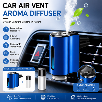 Blue Car Vent Air Freshener Diffuser (Includes a 10ml empty essential oil bottle) 3-Speed Adjustable Aroma Atomiser â€“ Compact Aluminum Alloy USB Essential Oil Car Fragrance Clip