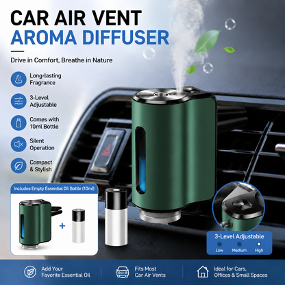 Green Car Vent Air Freshener Diffuser (Includes a 10ml empty essential oil bottle) 3-Speed Adjustable Aroma Atomiser â€“ Compact Aluminum Alloy USB Essential Oil Car Fragrance Clip