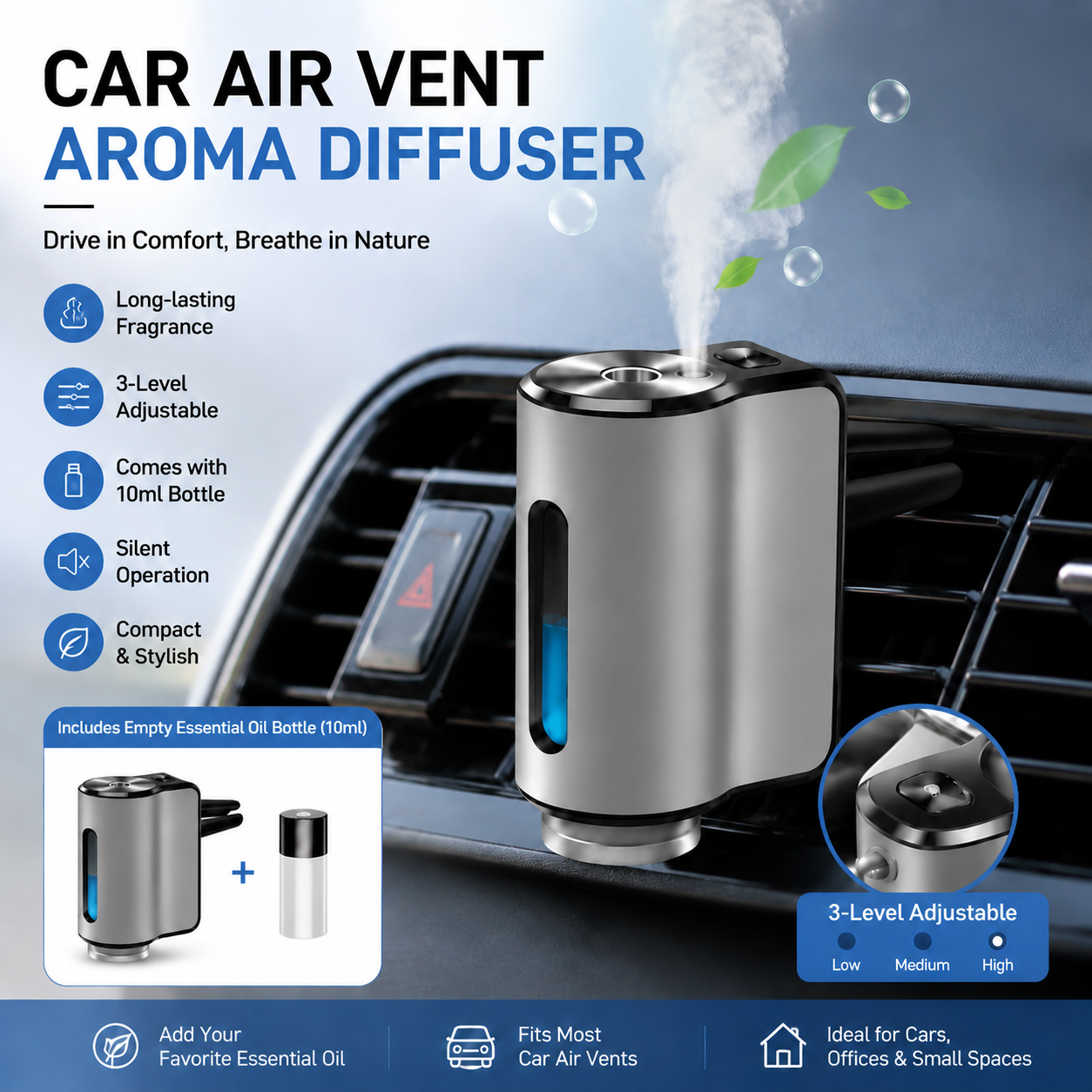 Silvery Car Vent Air Freshener Diffuser (Includes a 10ml empty essential oil bottle) 3-Speed Adjustable Aroma Atomiser â€“ Compact Aluminum Alloy USB Essential Oil Car Fragrance Clip