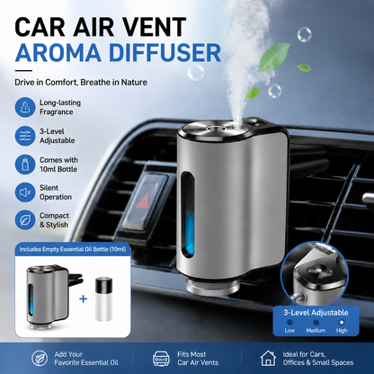 Silvery Car Vent Air Freshener Diffuser (Includes a 10ml empty essential oil bottle) 3-Speed Adjustable Aroma Atomiser â€“ Compact Aluminum Alloy USB Essential Oil Car Fragrance Clip