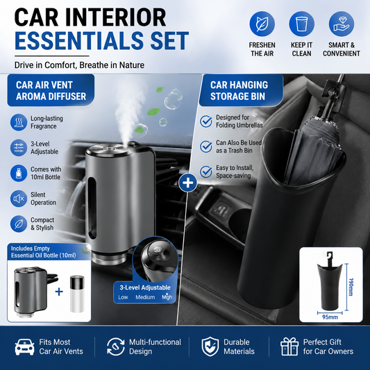 2 pcs Car interior essentials set-Grey Car Air Vent Aroma Diffuser &Black  Hanging Storage Bin- hanging storage container that is convenient to use and Compact