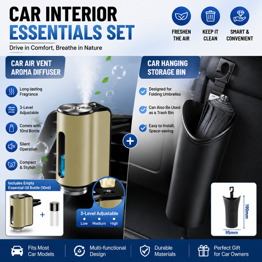 2 pcs Car interior essentials set-Golden Car Air Vent Aroma Diffuser &Black  Hanging Storage Bin- hanging storage container that is convenient to use and Compact