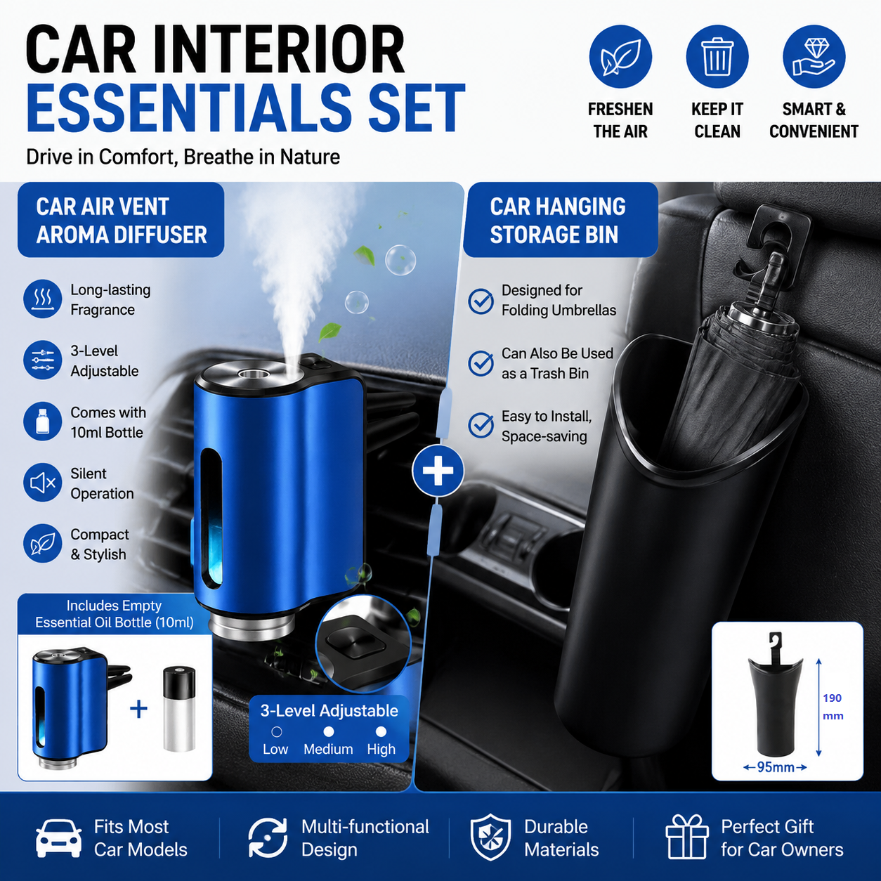 2 pcs Car interior essentials set-Blue Car Air Vent Aroma Diffuser &Black  Hanging Storage Bin- hanging storage container that is convenient to use and Compact