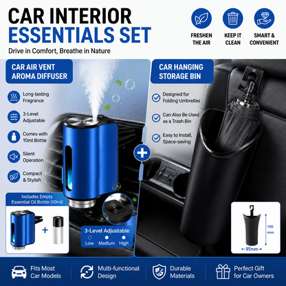 2 pcs Car interior essentials set-Blue Car Air Vent Aroma Diffuser &Black  Hanging Storage Bin- hanging storage container that is convenient to use and Compact
