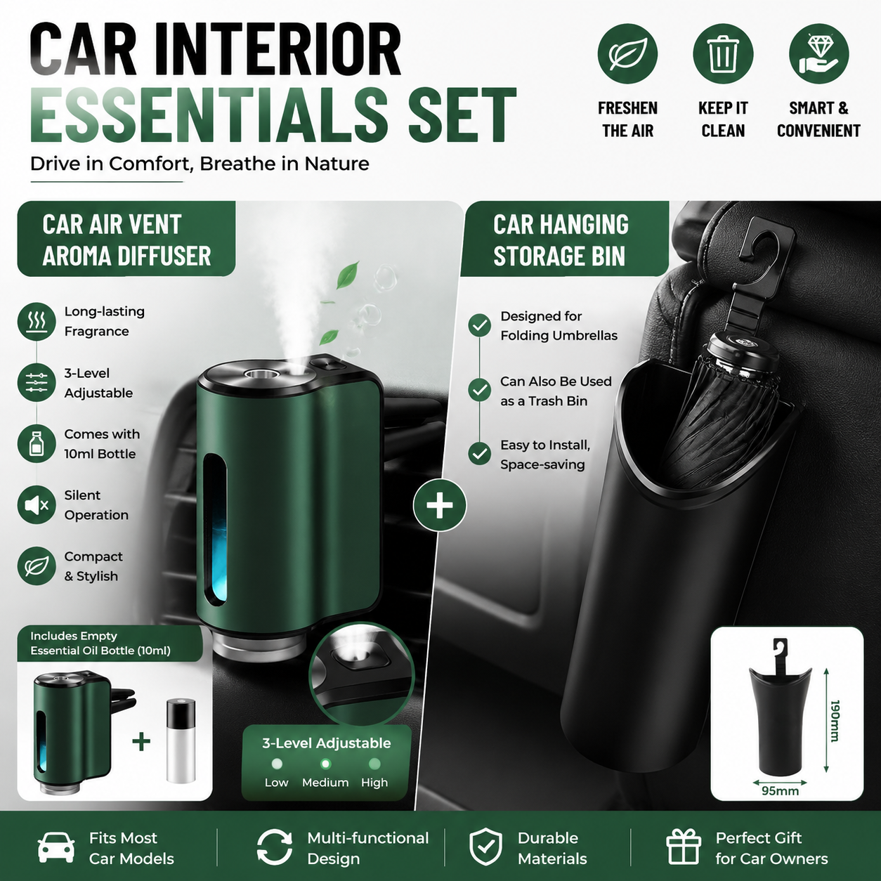 2 pcs Car interior essentials set-Green Car Air Vent Aroma Diffuser &Black Hanging Storage Bin- hanging storage container that is convenient to use and Compact