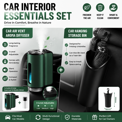 2 pcs Car interior essentials set-Green Car Air Vent Aroma Diffuser &Black Hanging Storage Bin- hanging storage container that is convenient to use and Compact