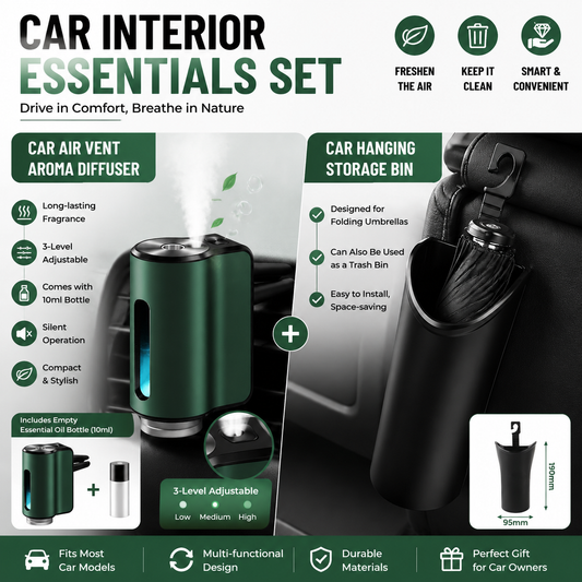 2 pcs Car interior essentials set-Green Car Air Vent Aroma Diffuser &Black Hanging Storage Bin- hanging storage container that is convenient to use and Compact