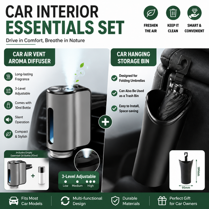 2 pcs Car interior essentials set-Silvery Car Air Vent Aroma Diffuser & Black Hanging Storage Bin- hanging storage container that is convenient to use and Compact