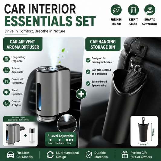 2 pcs Car interior essentials set-Silvery Car Air Vent Aroma Diffuser & Black Hanging Storage Bin- hanging storage container that is convenient to use and Compact