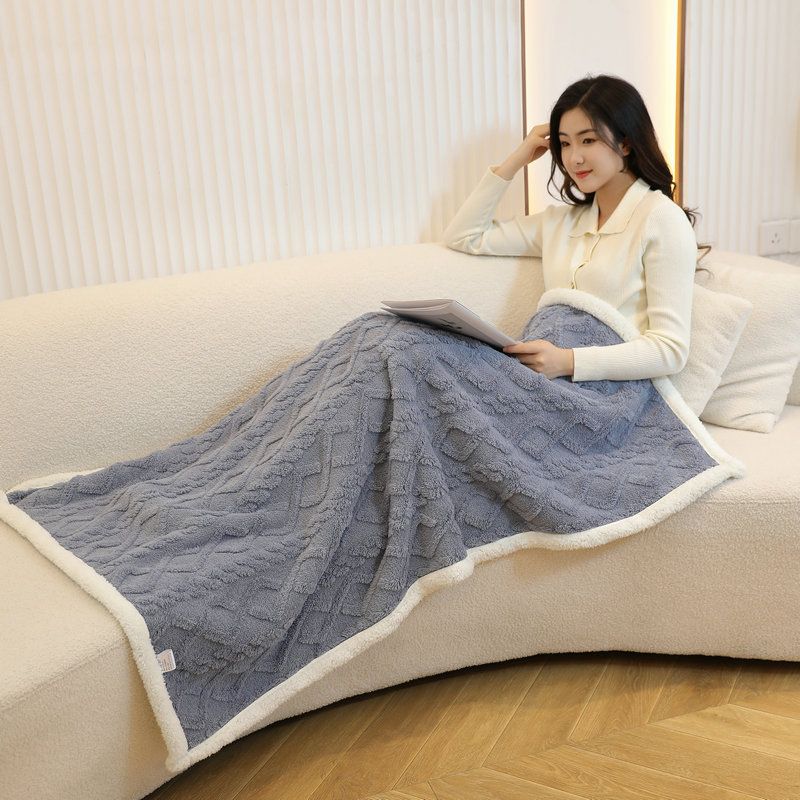 Blue 90Ã—140cm Textured bar knit pattern Sherpa Fleece and Taffeta Throw Blanket â€“ Soft Loungewear Shawl, Warm Office & Sofa Wrap for Winter Comfort