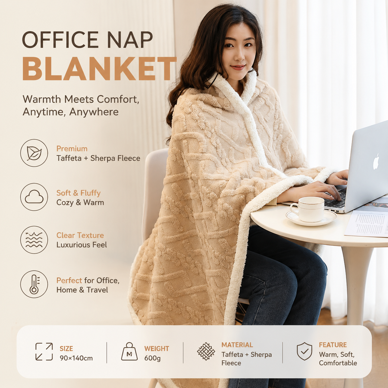 Khaki 90Ã—140cm Textured bar knit pattern Sherpa Fleece and Taffeta Throw Blanket â€“ Soft Loungewear Shawl, Warm Office & Sofa Wrap for Winter Comfort