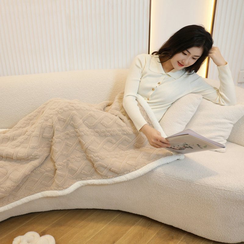 Khaki 90Ã—140cm Textured bar knit pattern Sherpa Fleece and Taffeta Throw Blanket â€“ Soft Loungewear Shawl, Warm Office & Sofa Wrap for Winter Comfort