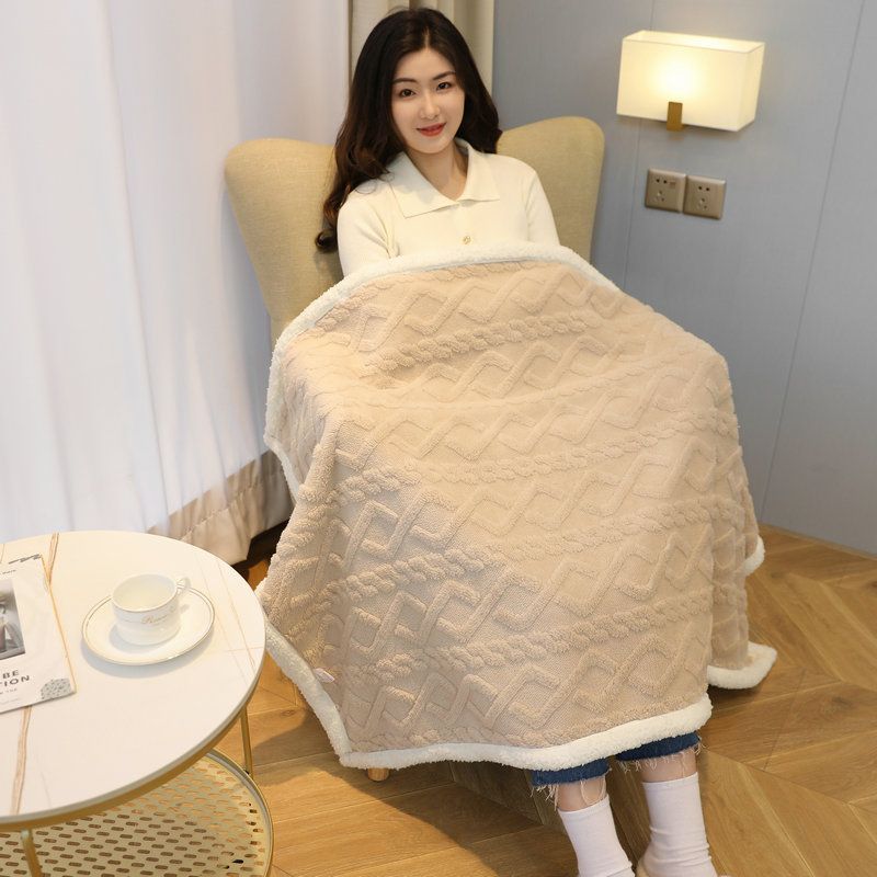 Khaki 90Ã—140cm Textured bar knit pattern Sherpa Fleece and Taffeta Throw Blanket â€“ Soft Loungewear Shawl, Warm Office & Sofa Wrap for Winter Comfort