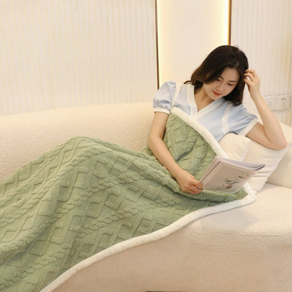 Green 90Ã—140cm Textured bar knit pattern Sherpa Fleece and Taffeta Throw Blanket â€“ Soft Loungewear Shawl, Warm Office & Sofa Wrap for Winter Comfort