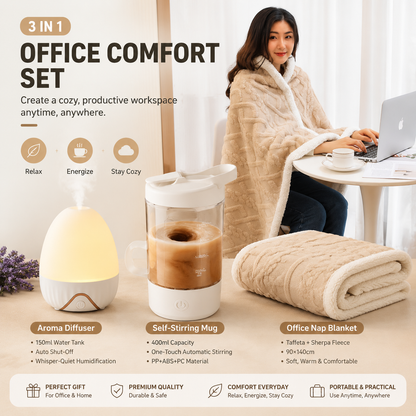 3-piece Office Comfort Gift Bundle Set â€“ White Aromatherapy Diffuser, White Self-Stirring Cup & Khaki Sherpa Throw Blanket for Work, Home & Travel Relaxationï¼ˆPlease provide your own gift boxï¼‰