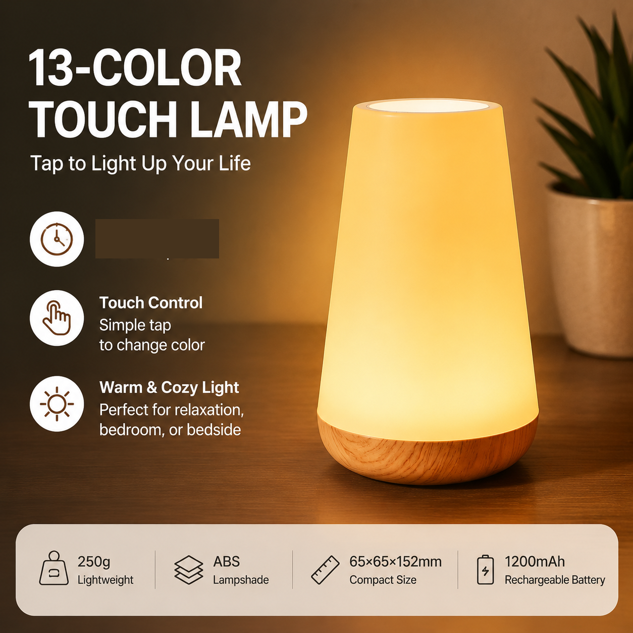 White LED Rechargeable Night Light with 13 Colors â€“ 1200mAh Touch Bedside Lamp & Portable Ambient Lighting