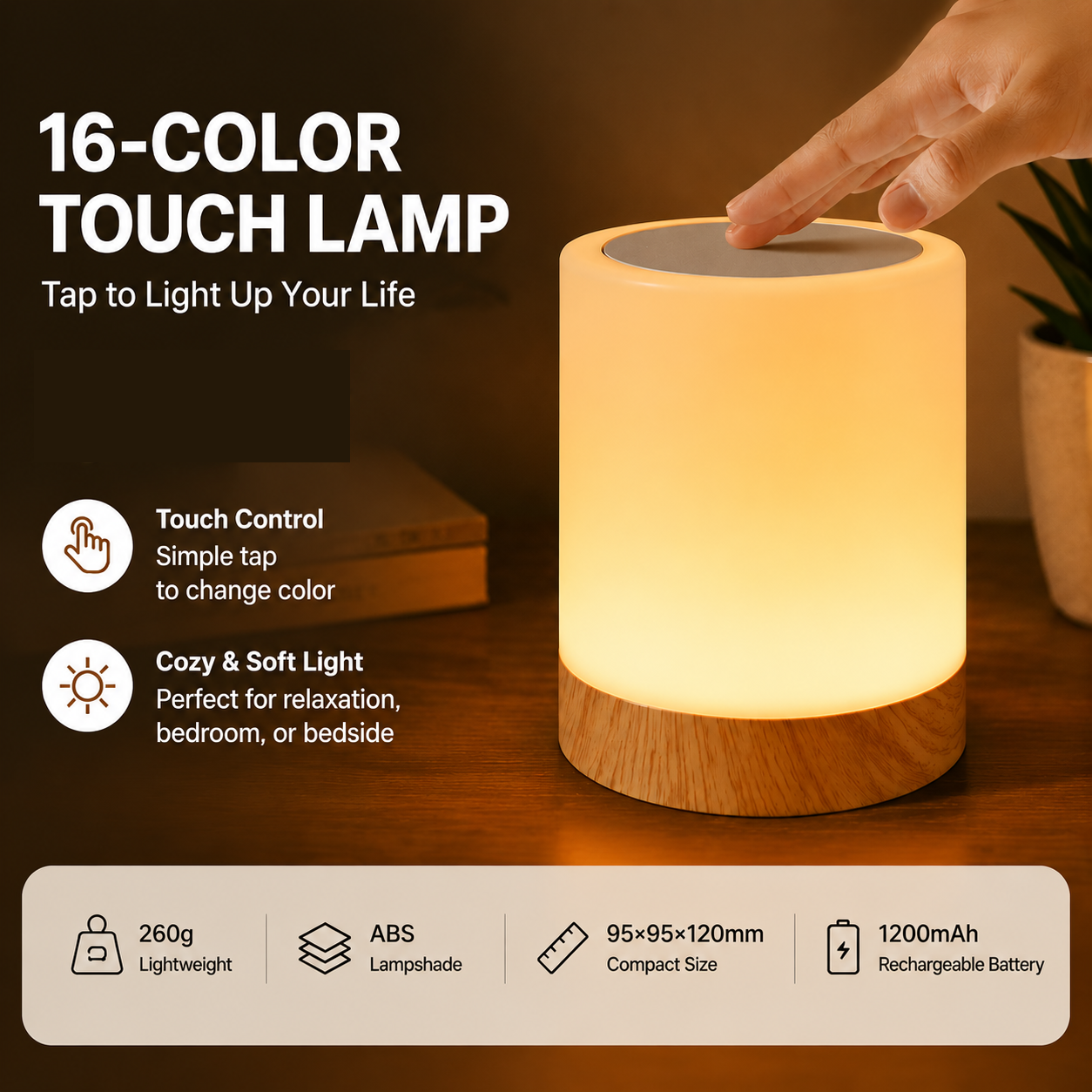 White LED Rechargeable Night Light with 16 Colors â€“ 1200mAh Touch Bedside Lamp & Portable Ambient Lighting