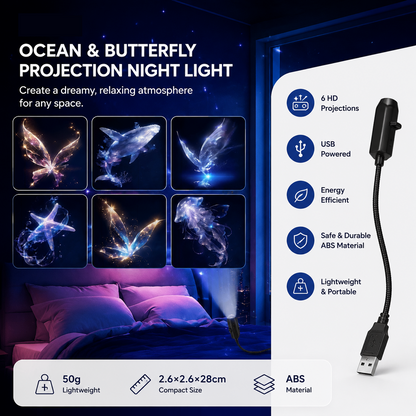 Black USB  Projector Night Light â€“6-piece set Dreamy Butterfly and Marine Life Designs  Rotating LED Lamp, Bedroom Atmosphere Projection Light