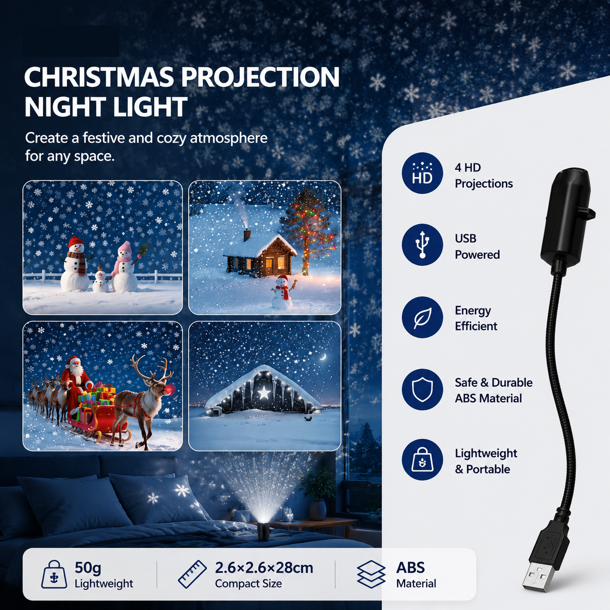Black USB bedroom Projector Night Light â€“4-piece set Christmas-themed patterns Rotating LED Lamp, Bedroom Atmosphere Romantic Room Decor Projection Light