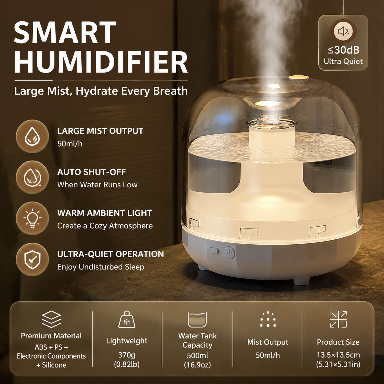 White 500ml Smart Ultrasonic Humidifier & Aroma Diffuser â€“ USB Silent Air Moisturizer, LED Bedroom Mist Maker