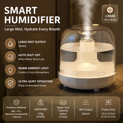 White 500ml Smart Ultrasonic Humidifier & Aroma Diffuser â€“ USB Silent Air Moisturizer, LED Bedroom Mist Maker