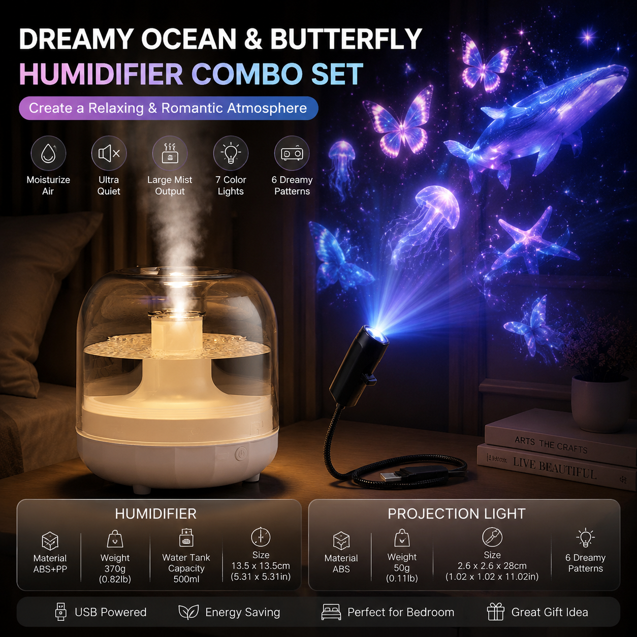 2-piece Bedroom Atmosphere Bundle â€“White Ultrasonic Aroma diffuser Humidifier & Dreamy Butterfly and Marine Life Series Projector Night Light for Relaxing Home Decor, Perfect Gift for Her