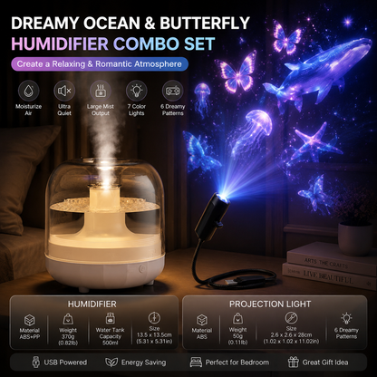 2-piece Bedroom Atmosphere Bundle â€“White Ultrasonic Aroma diffuser Humidifier & Dreamy Butterfly and Marine Life Series Projector Night Light for Relaxing Home Decor, Perfect Gift for Her