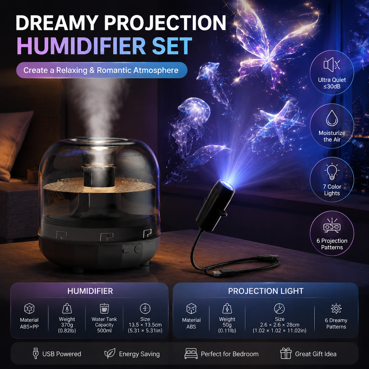 2-piece Bedroom Atmosphere Bundle â€“Black Ultrasonic Aroma diffuser Humidifier & Dreamy Butterfly and Marine Life Series Projector Night Light for Relaxing Home Decor, Perfect Gift for Her